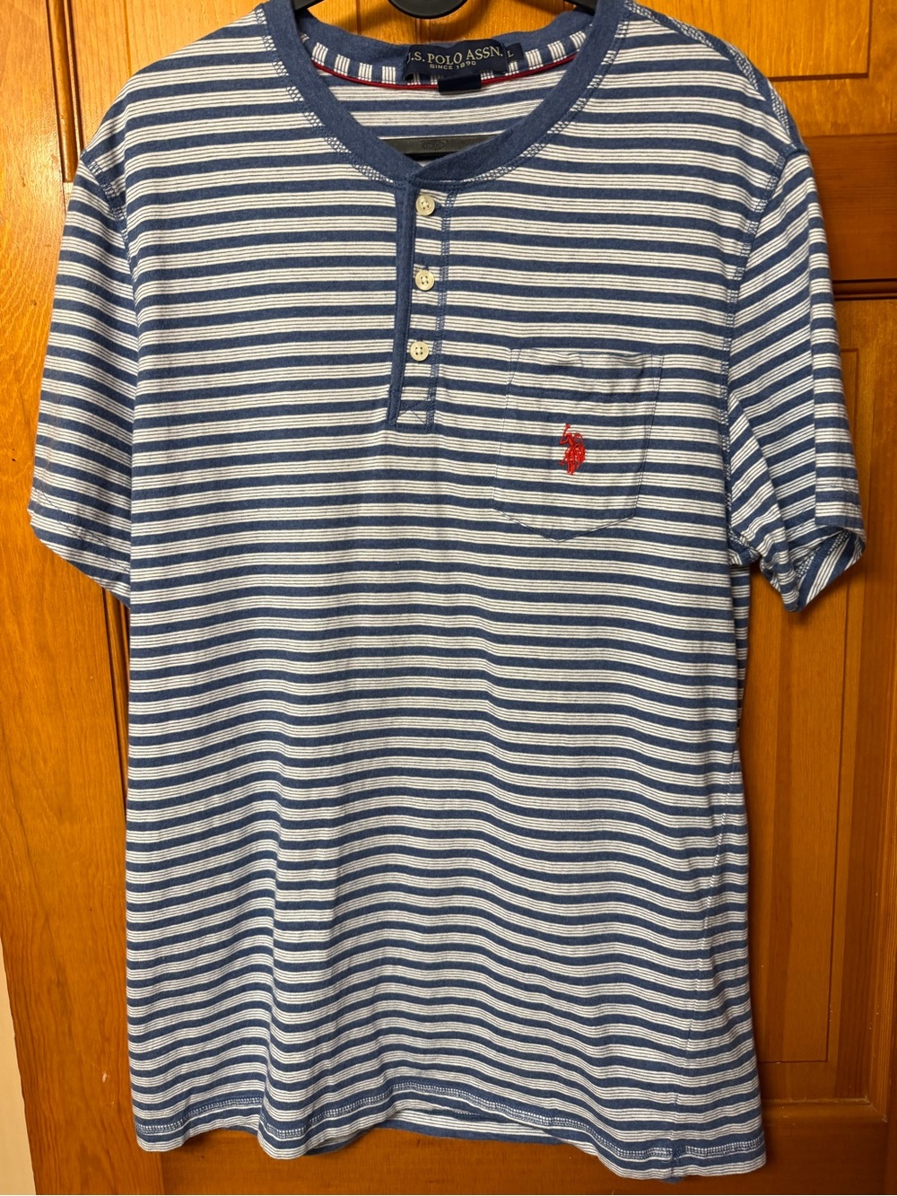 U.S. Polo Assn. Blue & White Striped Henley with Red Logo